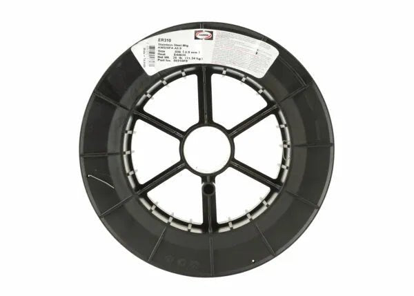 A black plastic spool with six supports holds coiled gray Harris 310 Stainless MIG GMAW Welding Wire (.035, 25# spool, 00310F8). A white label with text and a barcode is attached to the top. The background is plain white.