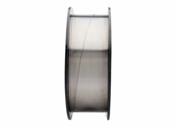A side view of the Harris 312 Stainless MIG GMAW Welding Rod .035 X 25# SPOOL - 00312F8 shows a black-rimmed spool neatly wound with wire, resembling clear filament, set against a plain white background.