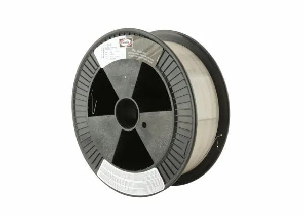 A spool of Harris 312 Stainless MIG GMAW Welding Rod (.035, 25#) with translucent filament, black circular side panels, radial grooves, and white outer-edge labels—00312F8—mimicking stainless steel welding wire packaging.