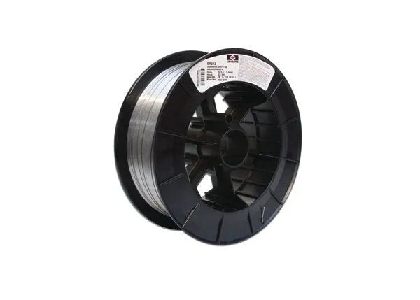 A large black plastic spool holds Harris 312 Stainless MIG GMAW Welding Wire (.045, 25#) – 00312H8, with multiple spokes and a labeled rim, set against a plain white background.