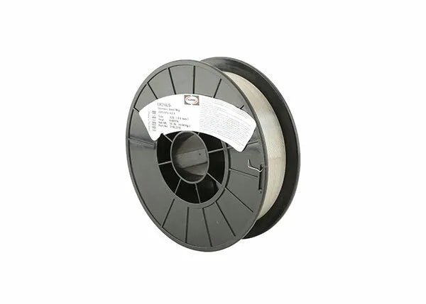 A black plastic spool labeled Harris 316LSI Stainless GMAW MIG Welding Wire .025 25# SPOOL - 316LS18 holds stainless MIG wire and is photographed against a plain white background.