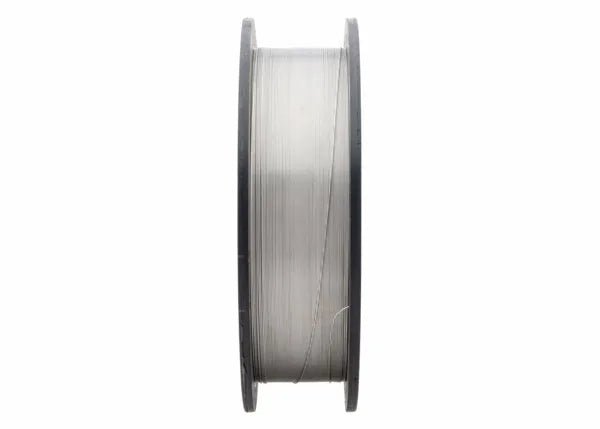 A spool of Harris 316LSI Stainless GMAW MIG Welding Wire .025 25# (316LS18) stands vertically, with shiny wire neatly wound on a dark reel, displayed against a plain white background.