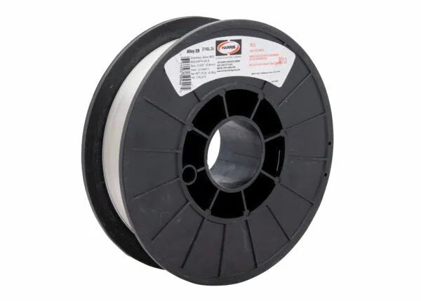 A black plastic spool holds white Harris 316LSI Stainless GMAW MIG Welding Wire (.025, 25#). The spool has a white and red label showing specs and branding; product code is 316LS18.