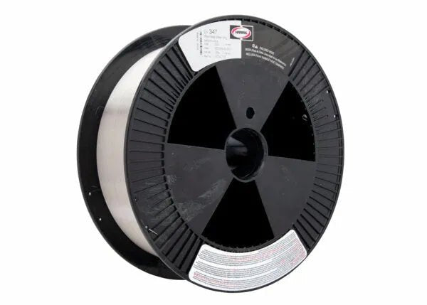 A large black plastic spool holds Harris 347 .035 Stainless MIG GMAW Welding Wire (25lb, 00347F8). The spool has a central hole, ridged edges, and white/red labels with product info and safety details on both sides.