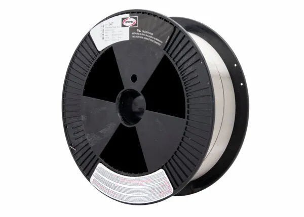 A large black plastic spool labeled as Harris 347 .035 Stainless MIG GMAW Welding Wire (25lb, 00347F8) with stainless steel wire wound around it. Suitable for industrial GMAW welding applications. Triangular sections and white labels visible.