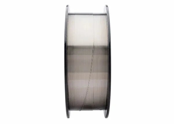 A side view of the Harris 347 .035 Stainless MIG GMAW Welding Wire 25lb Spool (00347F8) shows the neatly wound wire on a black reel, its metallic sheen contrasting with the solid spool edges against a white background.