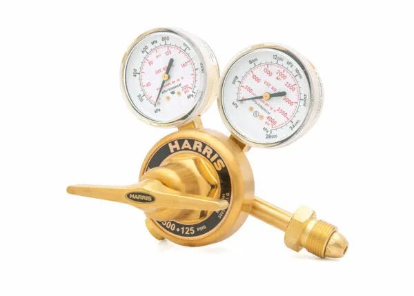 A brass Harris 3500 regulator with two gauges displaying pressure readings, a large adjustment knob, and a connector fitting is shown against a white background—ideal as a high-flow cylinder regulator for argon, helium, or nitrogen gases.