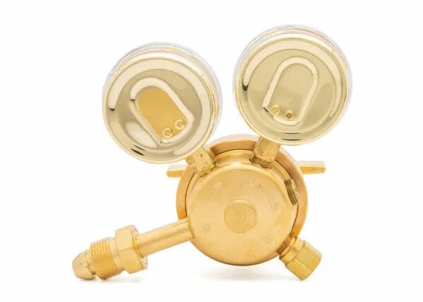 Harris 3500-125-680 single stage regulator for welding gases, dual gauges, front view, high-flow cylinder, WeldingMart tool.