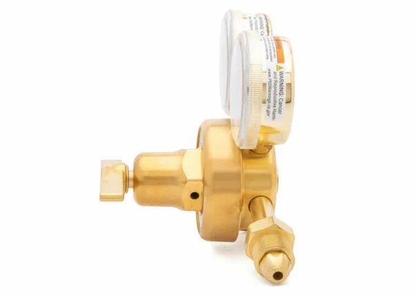 Harris 3500-125-680 Argon/Helium/Nitrogen welding gas regulator with dual gauges for high-flow cylinders, brass, on white background.