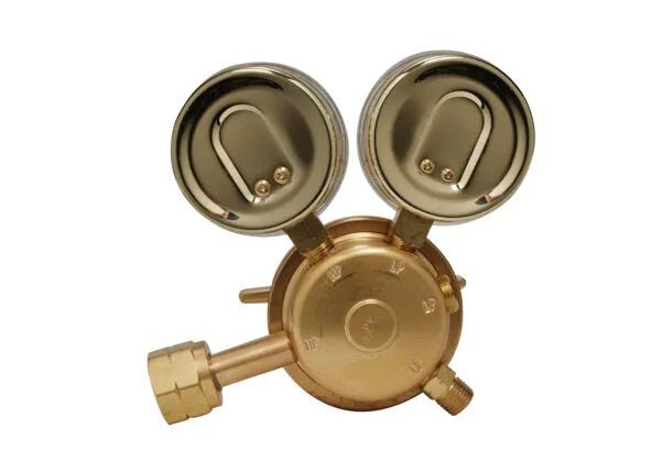 Harris 3500-125-695 Single Stage Hydrogen/Methane Regulator for welding, dual gauges, control knob, on white background.
