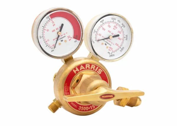 Harris 3500-15-300 Single Stage Acetylene Regulator for welding, with dual gauges, control knob, and precise gas flow control.