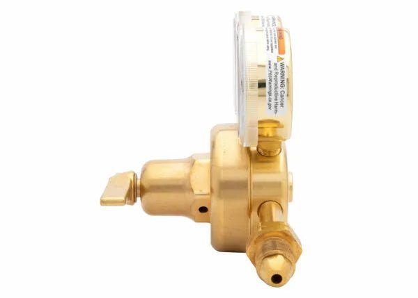 Harris 3500-15-300 Single Stage Acetylene Regulator with gauge for welding, brass body, high-pressure, side view on white.