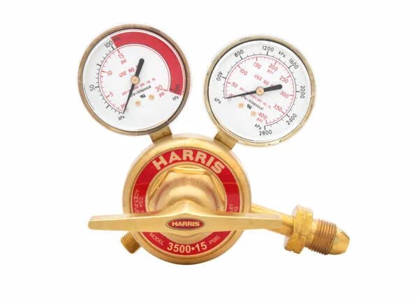 Harris 3500-15-510 Single Stage Acetylene Regulator for welding, with dual gauges and control knob for high-flow cylinders.