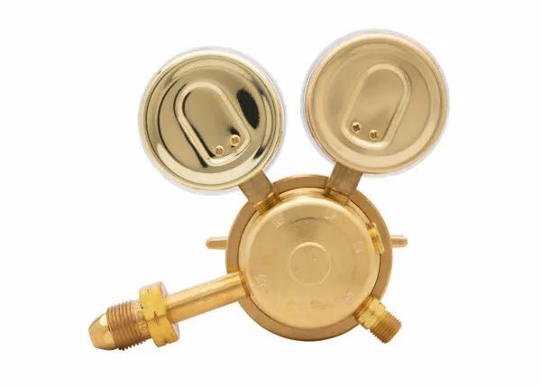 Harris 3500-15-510 Single Stage Acetylene Regulator for welding, with dual dials and side connectors on white background.