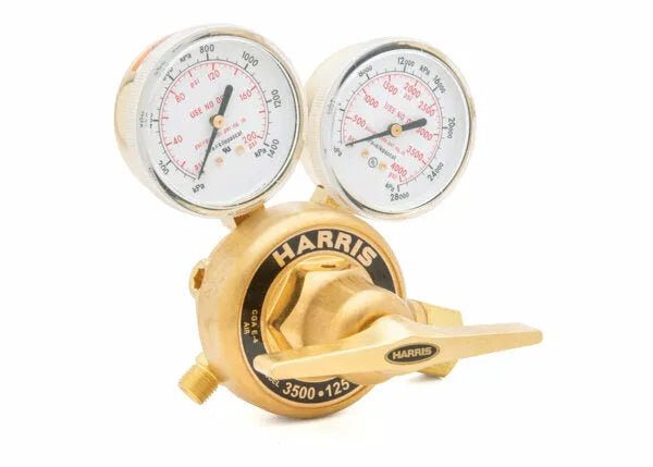 Harris 3500-200-346 single stage air regulator for welding, dual gauges, front adjust knob, "HARRIS 3500 +125" label.