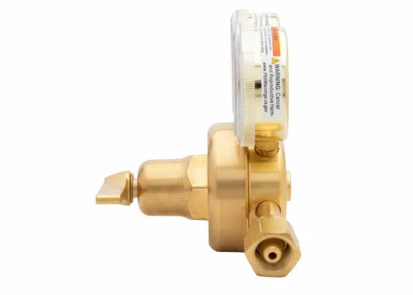 Harris 3500-200-540 Single Stage Oxygen Regulator for welding, with gauge, valve handle, and connector for manifold gas systems.