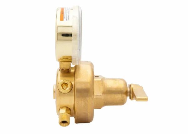 Harris 3500-200-540 Single Stage Oxygen Regulator for welding, top gauge and right valve, high-pressure cylinder use, on white.