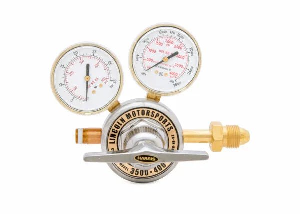 Harris 3500-400-580 Argon/Helium/Nitrogen regulator for welding, dual pressure gauges, control valve—WeldingMart accessory.