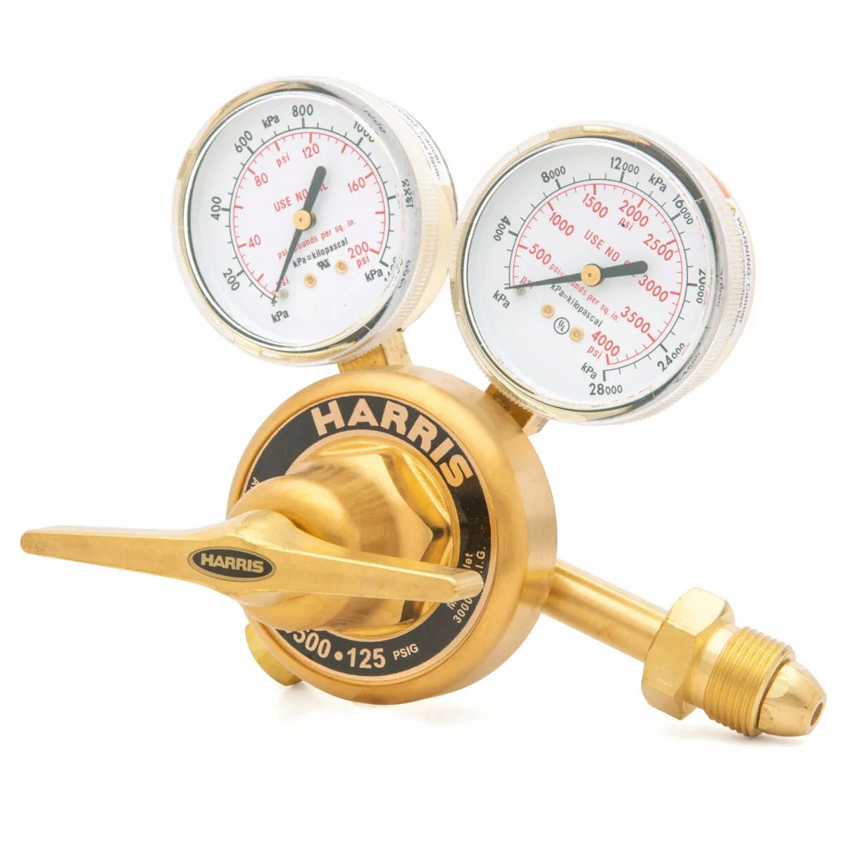 Harris 3500-400-580 Argon/Helium/Nitrogen Regulator for welding, dual gauges, large knob, high-flow; psi/kPa display.