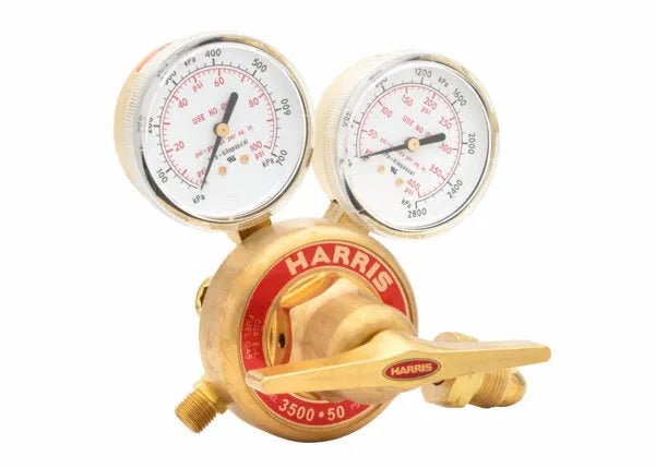 Harris 3500-50-510P High-Pressure Welding Regulator with dual gauges, control knob, for propane/propylene cylinders.