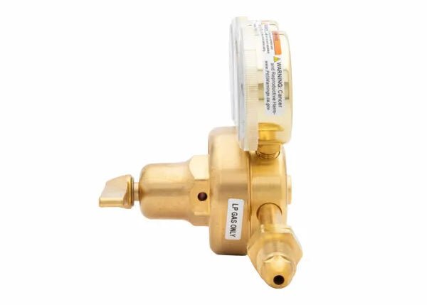 Harris 3500-50-510P welding gas regulator, single stage, brass body, LP gas only, for high-flow propane/propylene; side view.