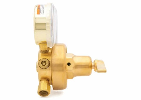 Harris 3500-600-580 Single Stage Regulator for Argon/Helium/Nitrogen—welding gas control, brass knob, gauge, dual pipes.
