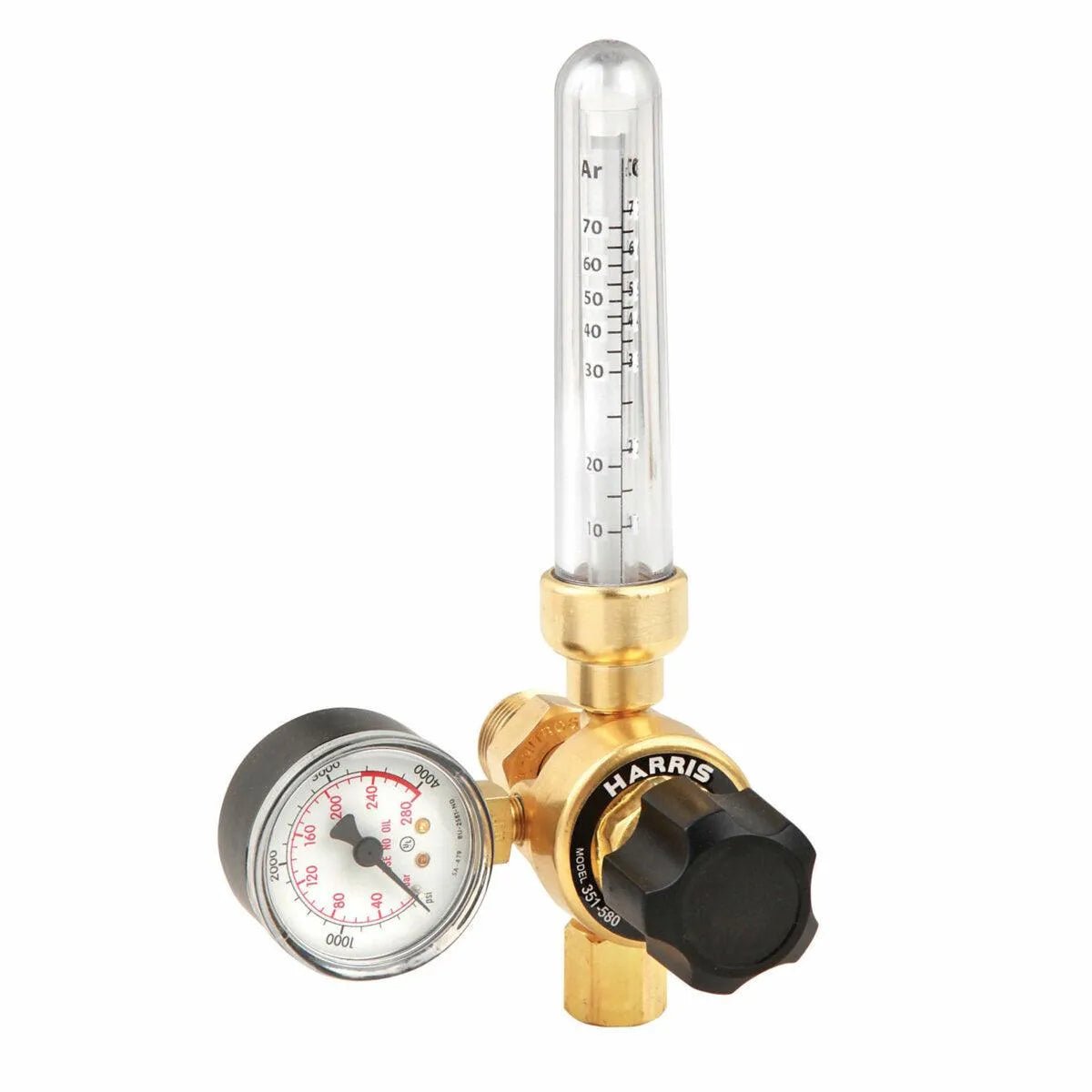 The Harris 3100331 - 351-60Ar-580 Regulator is a brass argon/CO₂ cylinder flowmeter with a black HARRIS knob, vertical marked glass tube, and round psi/kPa gauge for shielding gas.