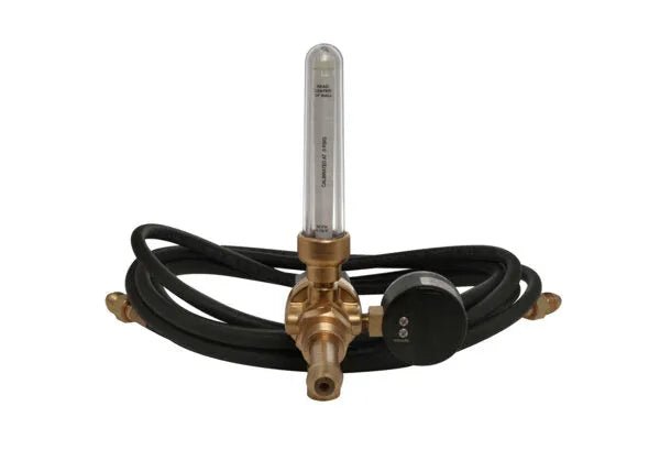 Harris Flowmeter Argon/CO2 Regulator Shielding Gas Kit for welding, brass body, hoses, and gauge on white background.