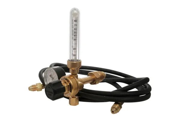 Harris 3100353 welding gas flowmeter regulator kit with pressure gauge, clear meter, and black hoses for shielding gas control.