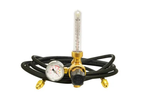 Harris 3100353 welding flowmeter regulator kit with pressure gauge, hose, brass fittings for argon/CO2 gas control at WeldingMart.