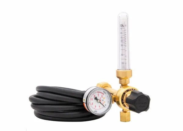 Harris 3100401 Flowmeter Argon/CO2 Regulator Kit with black hose, pressure gauge, and clear flow meter for welding gas control.
