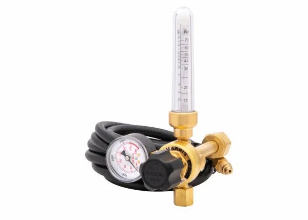 Harris Flowmeter Argon/CO2 Regulator Kit with brass regulator, gauge, hose, knob, and flowmeter for welding shielding gas control.