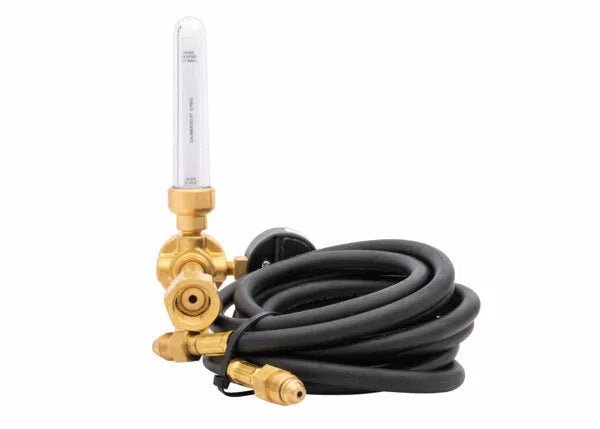 Harris 3100401 Flowmeter Regulator Shielding Gas Kit with clear tube, coiled black hose, gold fittings—welding equipment.