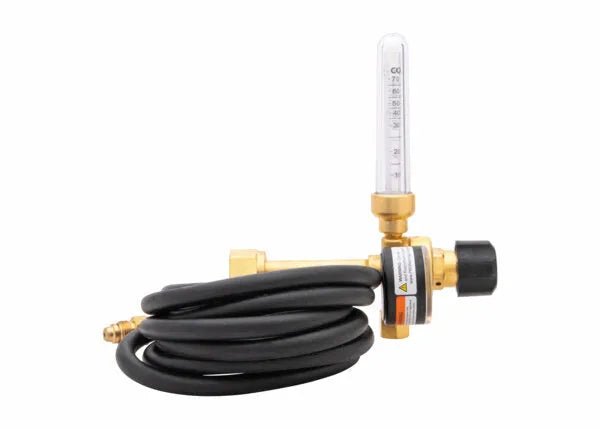 Harris 3100401 welding regulator kit with brass regulator, black hose, clear flow meter, and knob for argon/CO2 on white background.