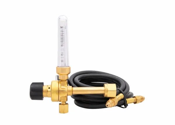 Harris 3100401 Welding Flowmeter Regulator Kit with brass gauge, black knob, and hose for Argon/CO2 shielding gas tools.
