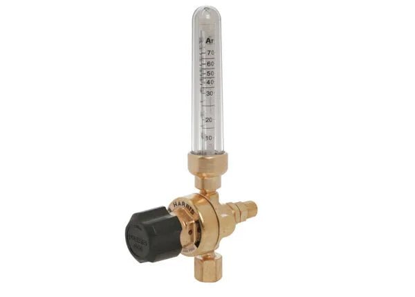 The Harris 3100332 - 351-70Ar/CD 1/4 M Pipeline Flowmeter Regulator is designed for argon and CO₂, with a clear vertical tube for precise readings, black adjustment knob, and bottom hose connection—ideal for shielding gas applications.
