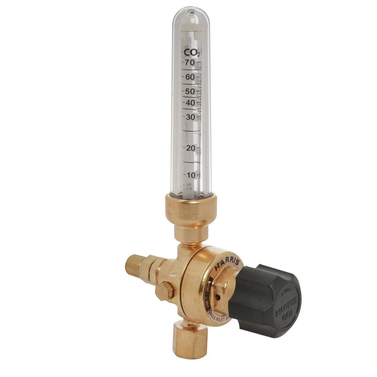The Harris 3100334 - 351-70Ar/CD 5/8 M Pipeline Flowmeter is a brass argon/carbon dioxide gas regulator with a black adjustment knob and clear vertical flowmeter marked CO2, measuring flow rates from 0 to 70.