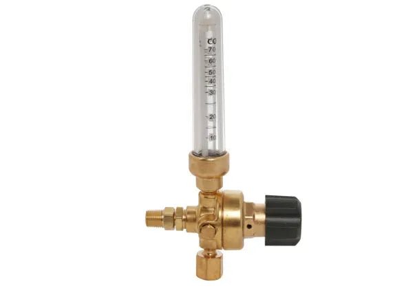 The Harris 3100334 - 351-70Ar/CD 5/8 M Pipeline Flowmeter features a vertical glass tube (0–70), side black plastic knob, and metal threaded fittings. Ideal argon/carbon dioxide regulator for welding applications.