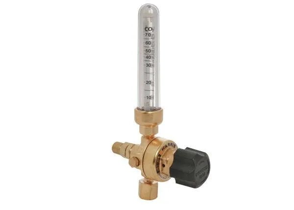 The Harris 3100333 - 351-70Ar/CD Pipeline Flowmeter is a brass Argon/CO2 regulator with a clear vertical tube marked in CFH, zero-compensated for precision. It features a black adjustment knob and 9/16 hose connections.