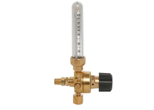 The Harris 3100333 - 351-70Ar/CD 9/16 F Pipeline Flowmeter Argon/Carbon Dioxide Regulator features a brass body, zero-compensated flowmeter with CO₂ scales, clear vertical tube, black adjustment knob, and metal gas line connectors.