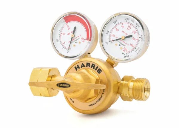 Harris 3510-125 LH single stage fuel gas regulator with dual gauges for precise welding gas flow control – WeldingMart accessory.