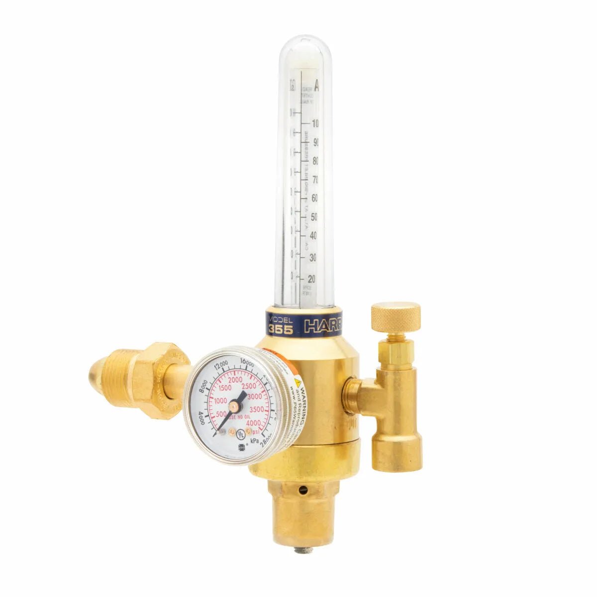 Harris 3100200 - 355-2Ar-580 Argon/CO₂ Regulator with pressure gauge, control valve, and flowmeter for welding gas control.