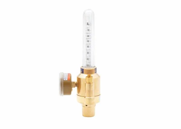 Harris 3100200 Argon/CO2 Regulator Flowmeter for welding, brass body, clear tube, gauge, WeldingMart tool on white background.