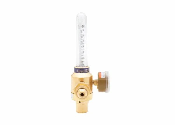Harris 3100200 Argon/CO₂ Welding Regulator with brass body, flowmeter, and side gauge for welding tools on white background.