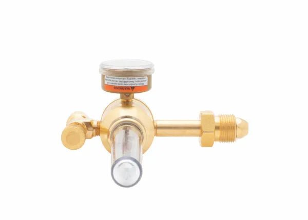 Harris 3100200 355-2Ar-580 Argon/CO2 welding regulator with flowmeter, pressure gauge, and side valve for welding tools.