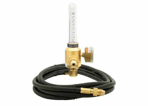 An Argon regulator with a flowmeter kit, attached to a coiled black hose and brass connector, is displayed against a white background—ideal for precise control of shielding gas flow.