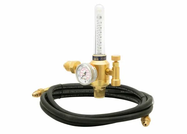 An Argon regulator with a pressure gauge, shielding gas flowmeter kit, and two black hoses coiled around it is displayed on a white background.