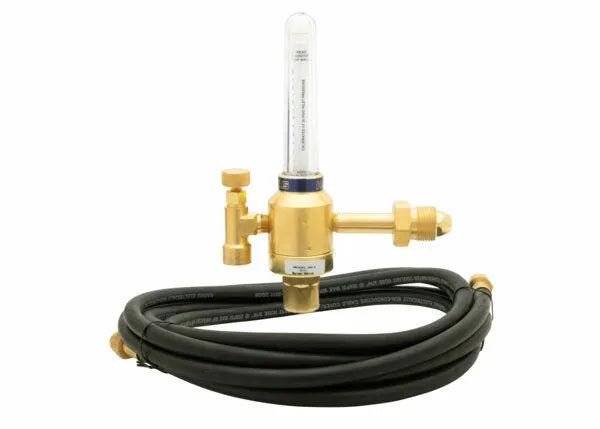 A brass Argon regulator with a flow meter attached, connected to a coiled black rubber hose with metal fittings on both ends, is displayed on a white background—perfect for shielding gas setups or as part of a complete flowmeter kit.