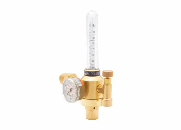 A brass Argon regulator with a pressure gauge and a vertical flowmeter tube featuring measurement markings, designed as part of a flowmeter kit for precise shielding gas control in industrial or laboratory settings.