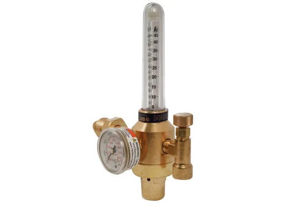A pressure compensated Argon Helium Nitrogen Regulator featuring a brass flowmeter regulator, a pressure gauge, and a vertical transparent flow tube marked with measurement units.